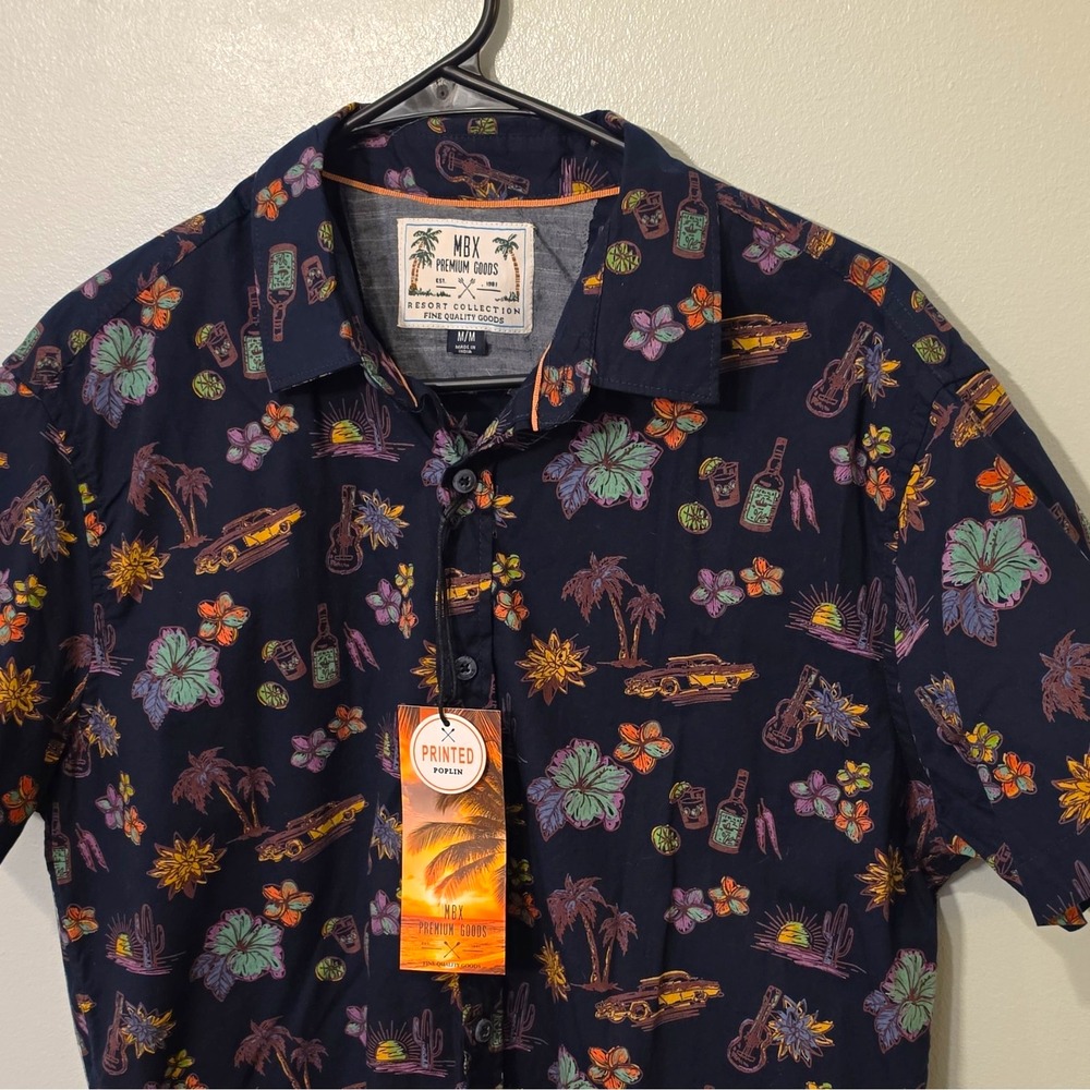 MBX Resort Collection Men's Cotton Button-Up Tropical Floral M Navy #266